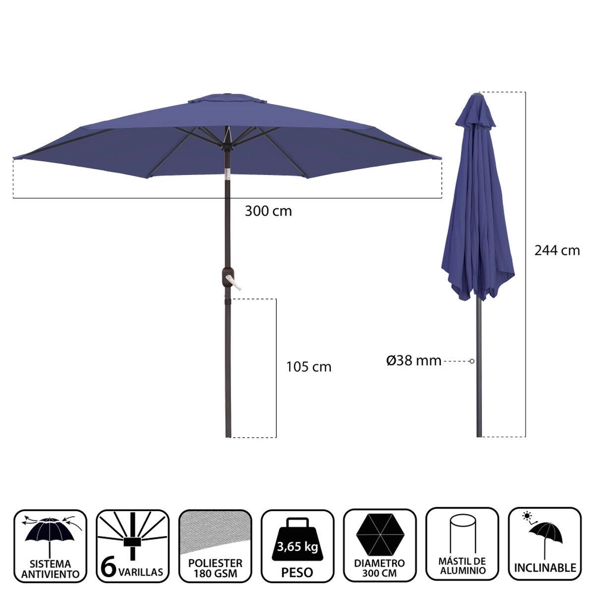 Slunečník Monty Aluminiu Bleumarin 300 cm
